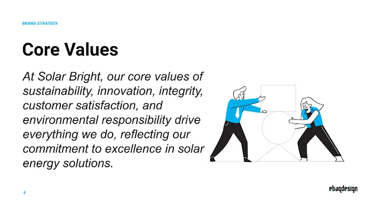 Solar Bright Core Values: sustainability, innovation, integrity, customer satisfaction, and environmental responsibility